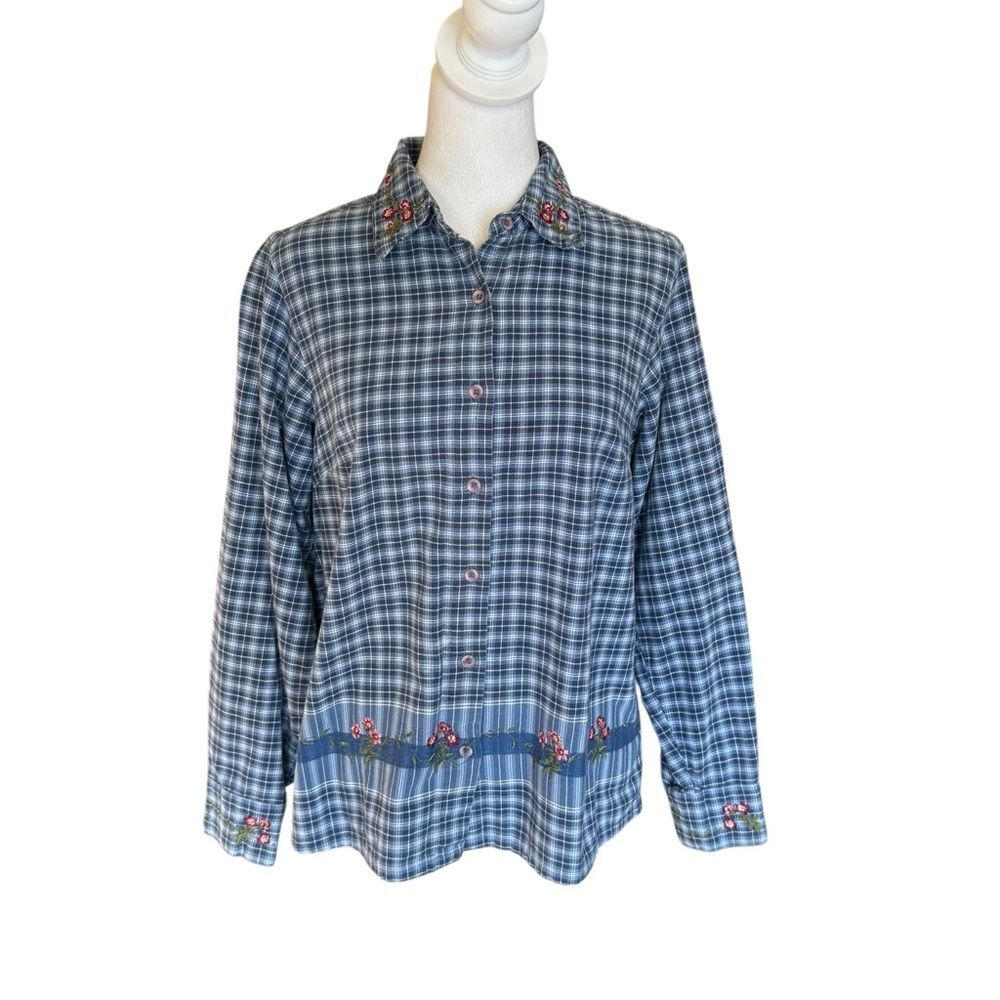 Classic Elements Plaid Button Down Top Long Sleeve Floral Embroidered Women Med
